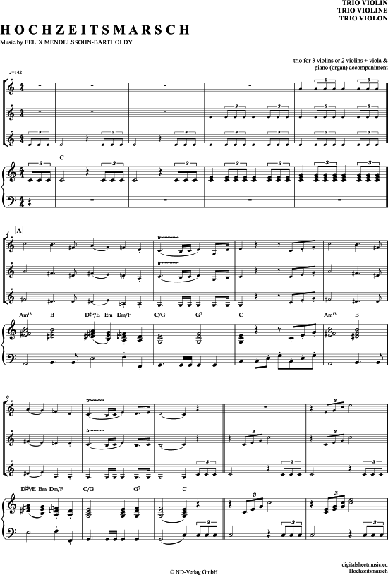 Hochzeitsmarsch (Violinen Trio + Klavier) (Trio (Violine)) von Felix Mendelssohn Bartholdy