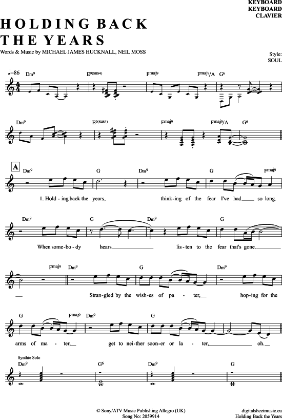 Holding Back The Years Keyboard PDF Noten von Simply Red in C Dur 7060655