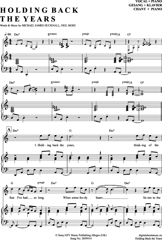 Holding Back The Years Klavier + Gesang PDF Noten von Simply Red in C Dur 7070967