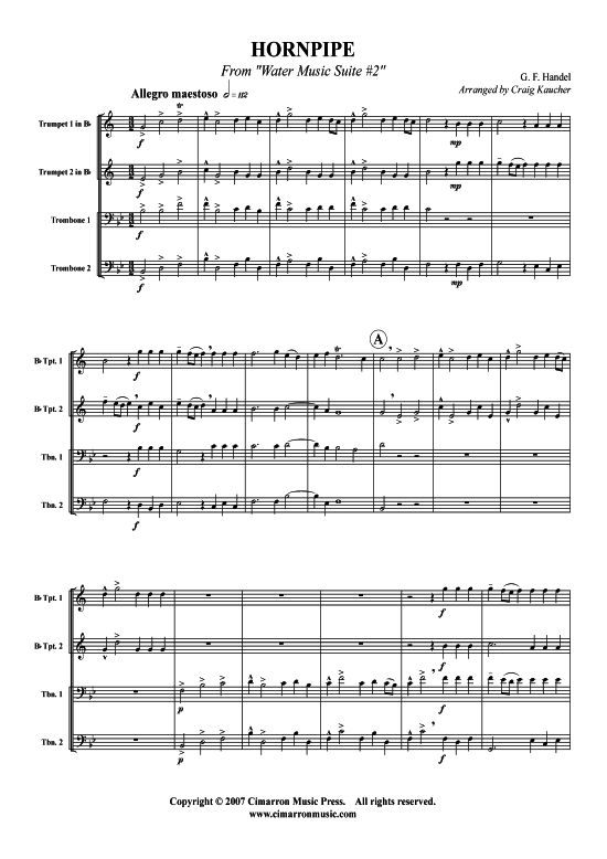 Hornpipe aus Wassermusik (2x Tromp in B Horn Pos Pos) (Quartett (Blech Brass)) von G. F. H auml ndel (aus Wassermusik)