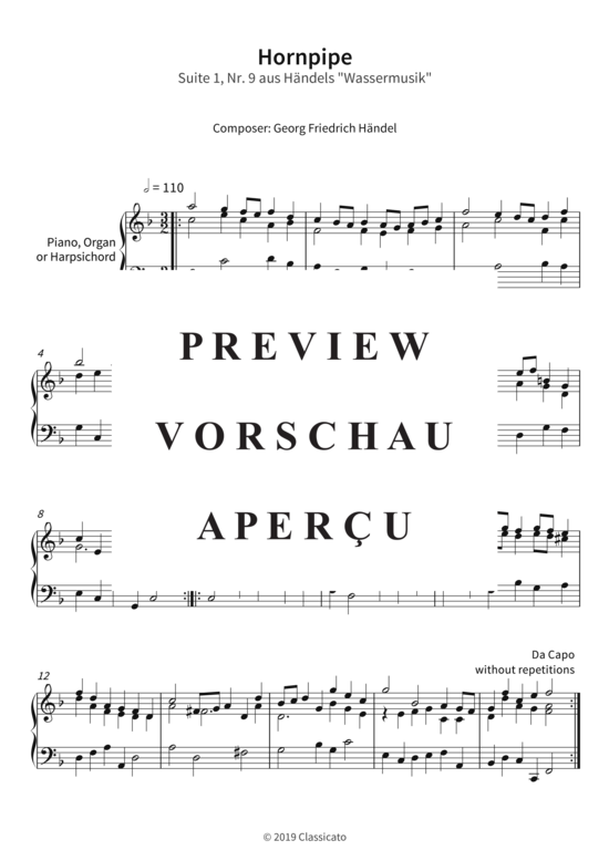 Hornpipe - Suite 1 Nr. 9 aus H ndels Wassermusik (Klavier Solo) (Klavier Solo) von Georg Friedrich H ndel