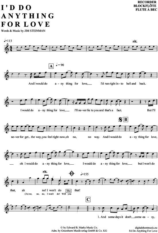 I´d do anything for love Blockflöte PDF Noten von Meat Loaf in C Dur
