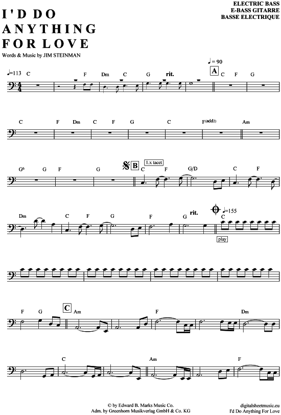 I´d do anything for love EBass PDF Noten von Meat Loaf in C Dur