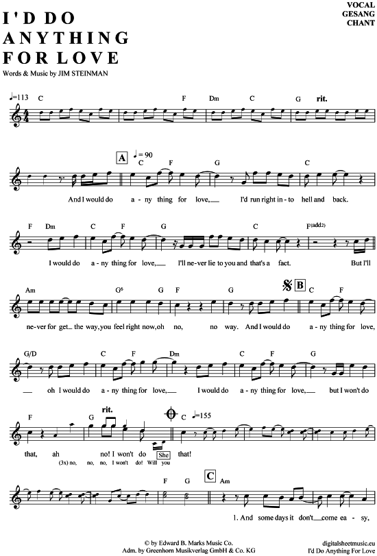 I´d do anything for love Gesang PDF Noten von Meat Loaf in C Dur