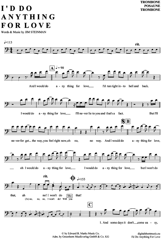 I´d do anything for love Posaune / Bariton PDF Noten von Meat Loaf in