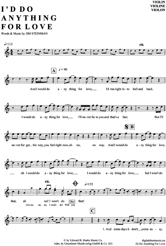 I´d do anything for love Violine PDF Noten von Meat Loaf in C Dur