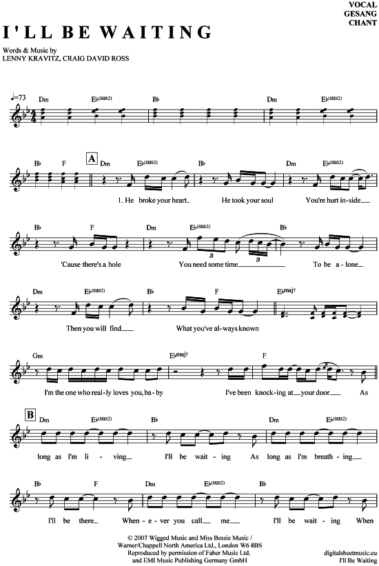 I´ll be waiting Gesang PDF Noten von Lenny Kravitz in D Moll 7040248 I´ll be waiting Gesang PDF Noten von Lenny Kravitz in D Moll 7040248