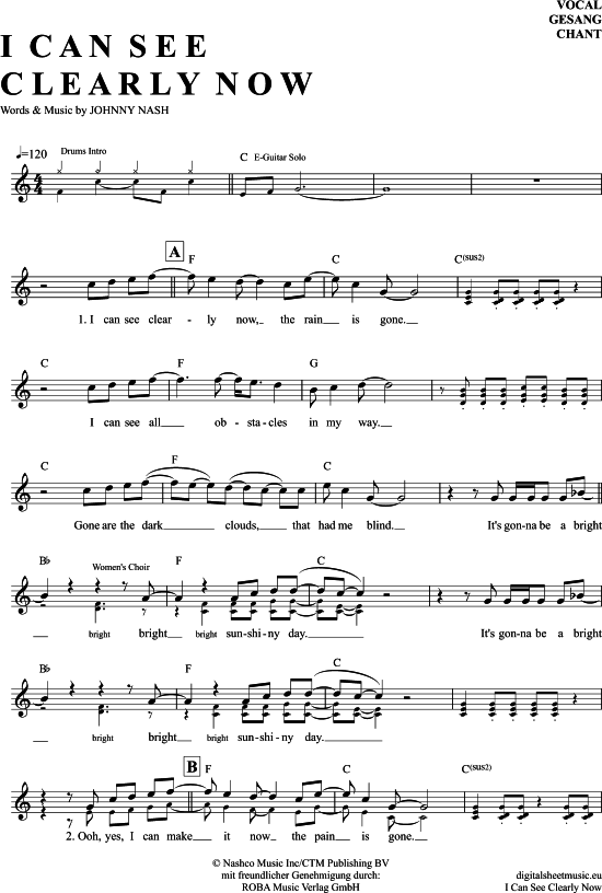 I Can See Clearly Now Gesang PDF Noten von Jimmy Cliff in C Dur 7040612