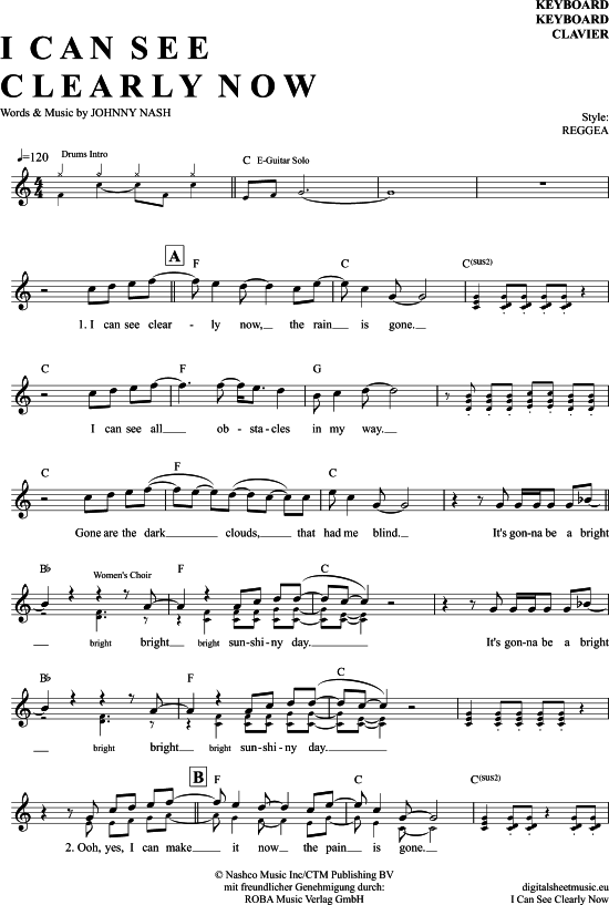 I Can See Clearly Now Keyboard PDF Noten von Jimmy Cliff in C Dur