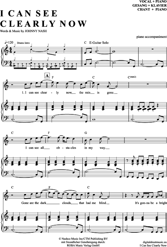 I Can See Clearly Now Klavier Begleitung + Gesang PDF Noten von Jimmy