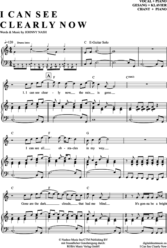I Can See Clearly Now Klavier + Gesang PDF Noten von Jimmy Cliff in C
