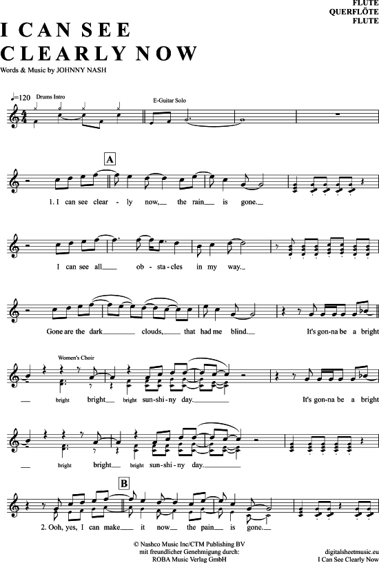 I Can See Clearly Now Querflöte PDF Noten von Jimmy Cliff in C Dur