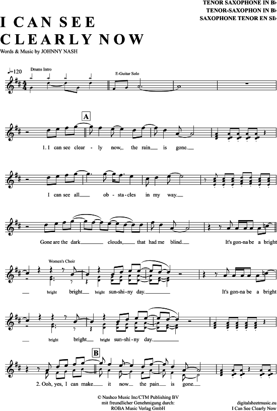 I Can See Clearly Now TenorSax PDF Noten von Jimmy Cliff in D Dur