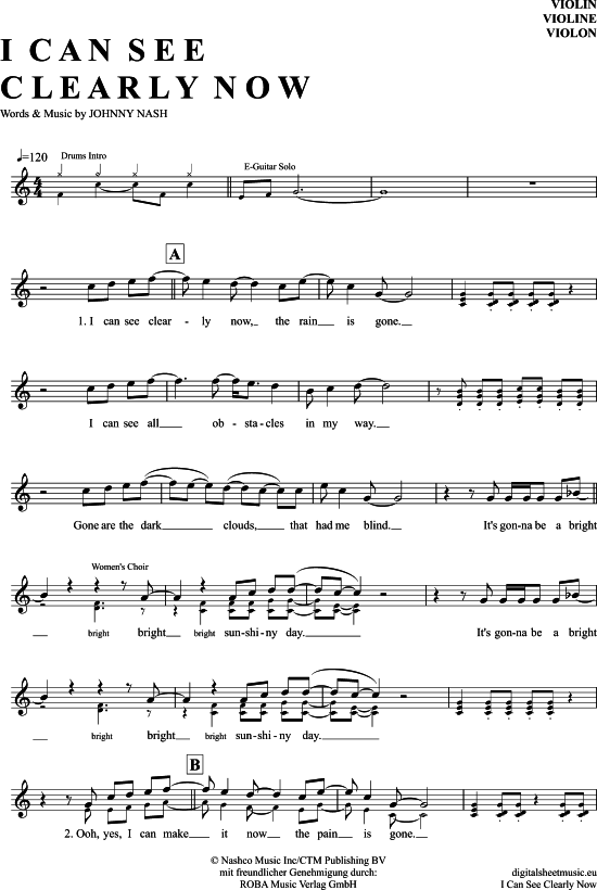 I Can See Clearly Now Violine PDF Noten von Jimmy Cliff in C Dur 7131201