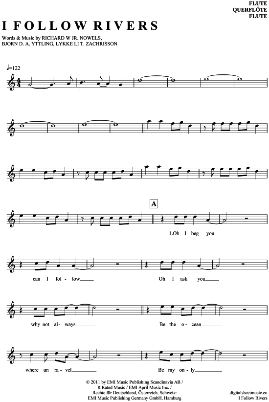 I follow rivers Querflöte - PDF Noten von Lykke Li in A Moll - 7030236
