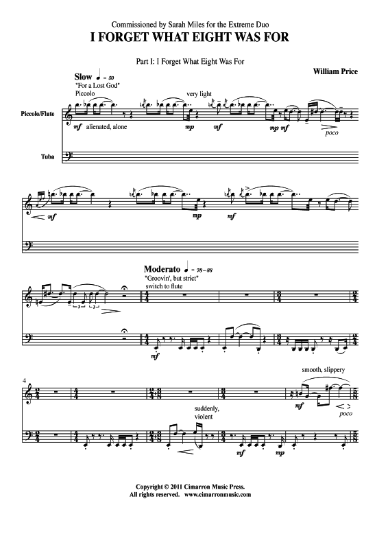 I Forget What Eight is For (Duett Querfl ouml te + Tuba) (Duett (2 St.)) von William Price