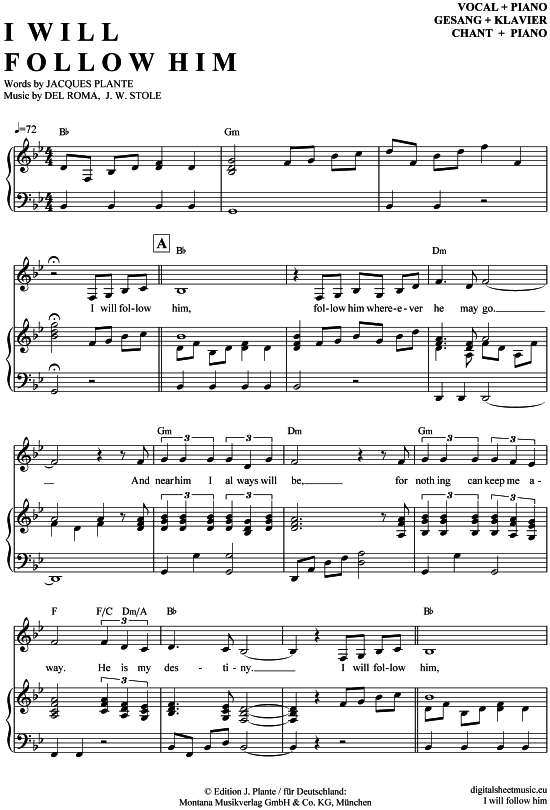 I will follow him Klavier + Gesang PDF Noten von Sister Act in B