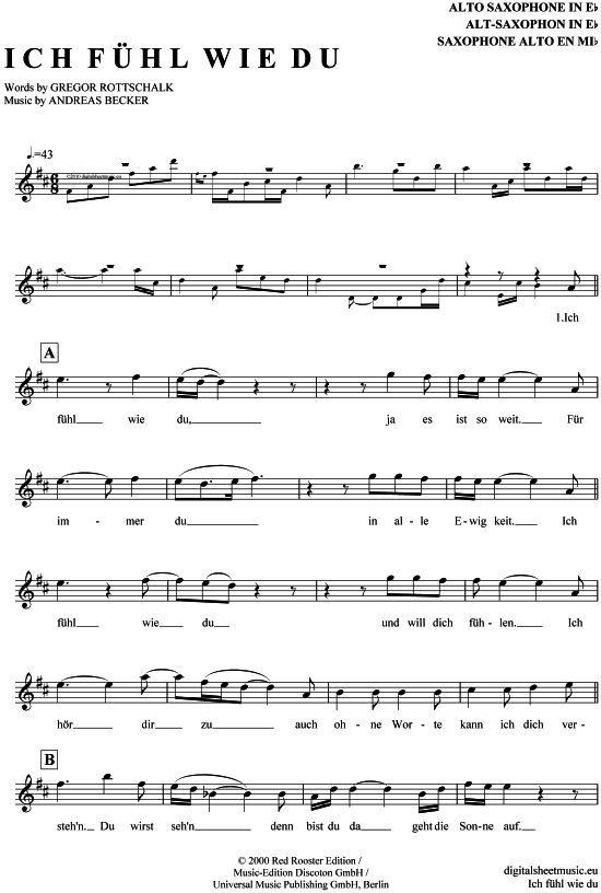 Ich f hl wie du (Alt-Sax) (Alt Saxophon) von Peter Maffay  Tabaluga