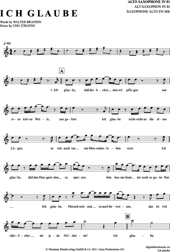 Ich glaube (Alt-Sax) (Alt Saxophon) von Udo J uuml rgens