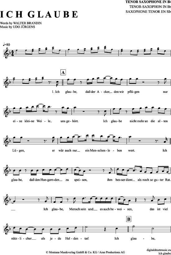 Ich glaube (Tenor-Sax) (Tenor Saxophon) von Udo J uuml rgens