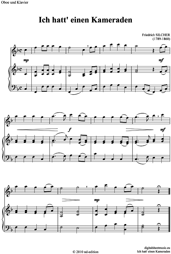 Ich hatt einen Kameraden (Oboe + Klavier) (Klavier  Oboe) von Friedrich Silcher (1789-1860)