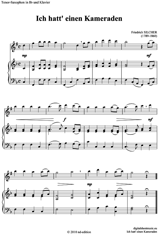 Ich hatt einen Kameraden (Tenor-Sax + Klavier) (Klavier  Tenor Saxophon) von Friedrich Silcher (1789-1860)