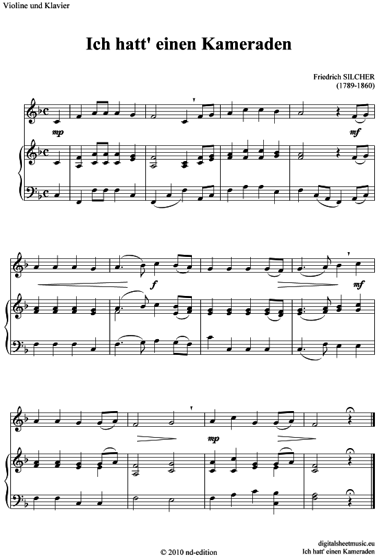 Ich hatt einen Kameraden (Violine + Klavier) (Klavier  Violine) von Friedrich Silcher (1789-1860)