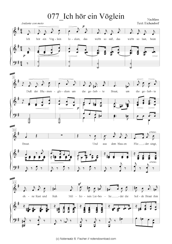 Ich h r ein V glein (Klavier + Gesang) (Klavier  Gesang) von Felix Mendelssohn Bartholdy (1809-1947)