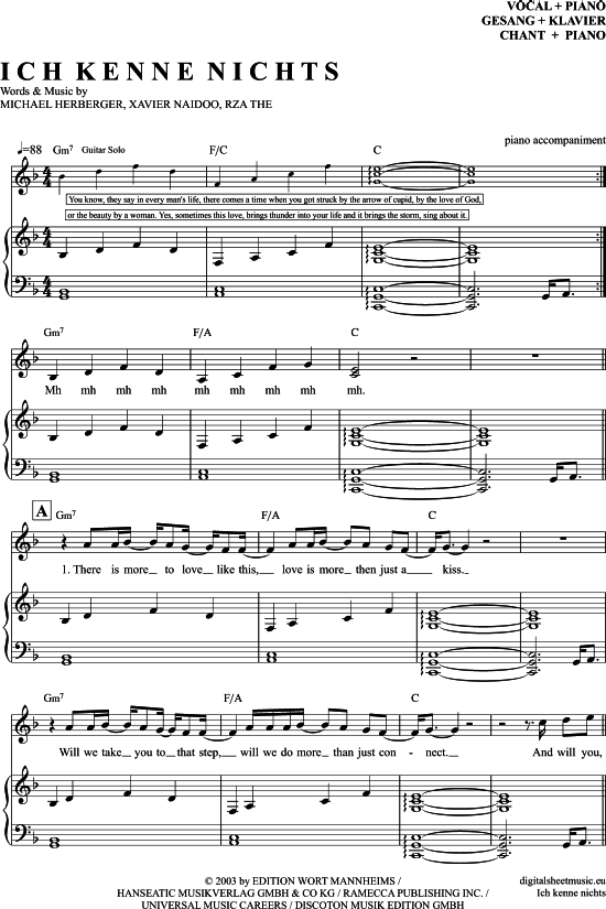 Ich Kenne Nichts (Das So Sch n Ist Wie Du) (Klavier Begleitung + Gesang) (Klavier Gesang  Gitarre) von Xavier Naidoo