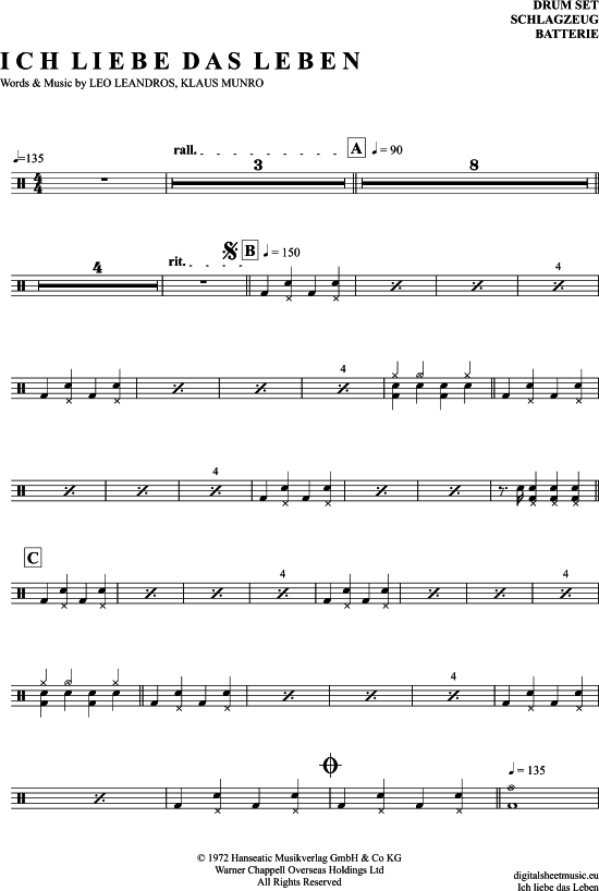 Ich Liebe Das Leben Drums PDF Noten von Vicky Leandros in 7150509 Ich Liebe Das Leben Drums PDF Noten von Vicky Leandros in 7150509