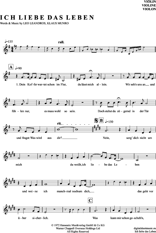 Ich Liebe Das Leben Noten Pdf Ich Liebe Das Leben Violine - PDF Noten von Vicky Leandros in E Dur