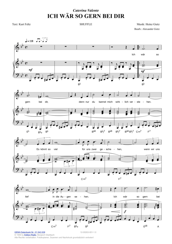 Ich Bin Bei Dir Noten Pdf Kostenlos Ich wär so gern bei dir Klavier + Gesang - PDF Noten von Caterina