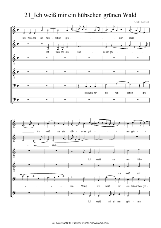 Ich wei mir ein h bschen gr nen Wald (Gemischter Chor) (Gemischter Chor) von Sixt Dietrich (1494-1548)