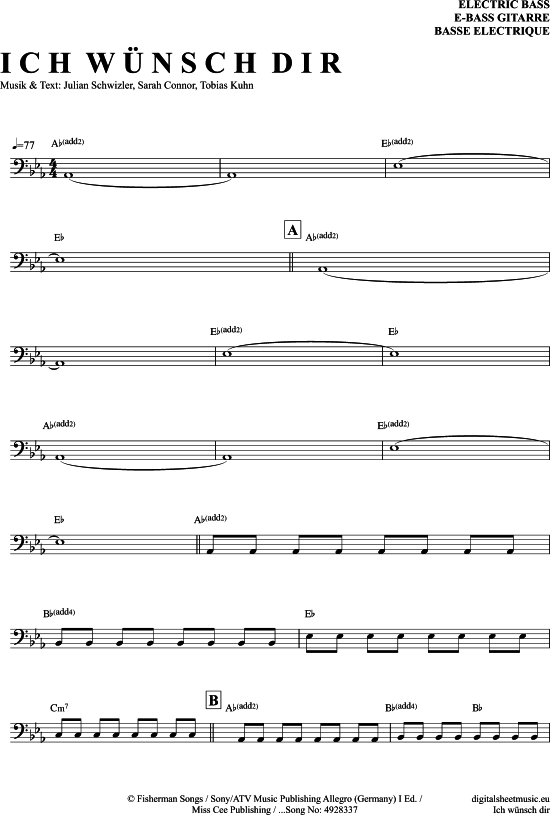 Ich Wünsch Dir EBass PDF Noten von Sarah Connor in Es Dur 7140564