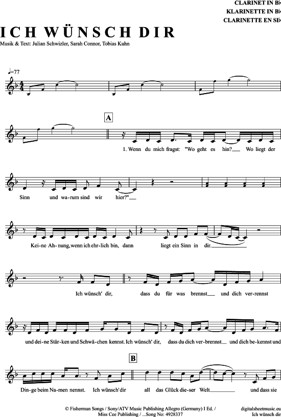 Ich W nsch Dir (Klarinette in B) (Klarinette) von Sarah Connor