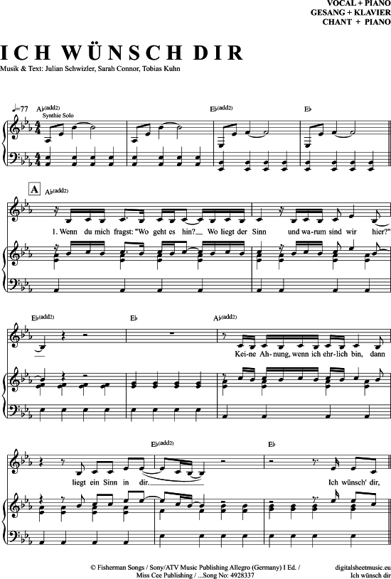 Ich W nsch Dir (Klavier + Gesang) (Klavier Gesang  Gitarre) von Sarah Connor