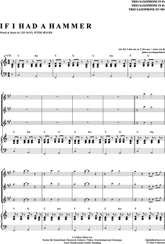 If I Had A Hammer (Saxophon Trio AAA(T) + Klavier) (Trio (Saxophon)) von Trini Lopez