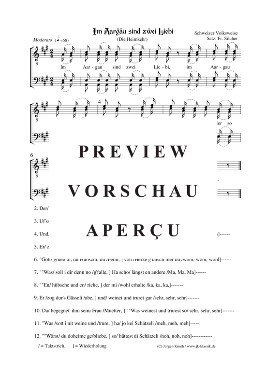 Im Aarg u sind zwei Liebi (Die Heimkehr) (M nnerchor) (M nnerchor) von Schweizer Volksweise Satz Satz Fr. Silcher