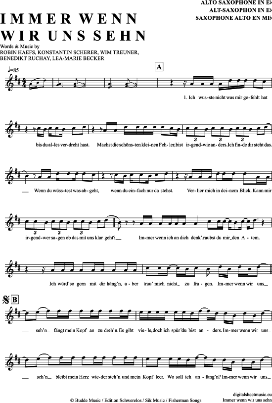 Immer Wenn Wir Uns Sehn AltSax PDF Noten von LEA und Cyril in D Dur 7111013