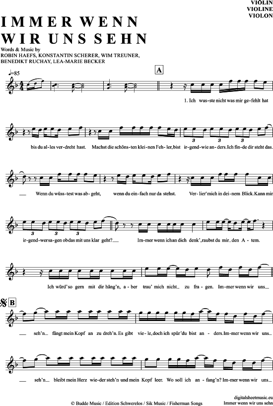 Songtext Immer Wenn Wir Uns Sehen Immer Wenn Wir Uns Sehn Violine - PDF Noten von LEA und Cyril in F Dur