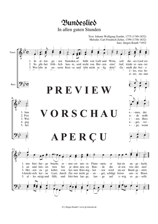 In allen guten Stunden Bundeslied (M nnerchor) (M nnerchor) von Carl Friedrich Zelter (1758-1832)