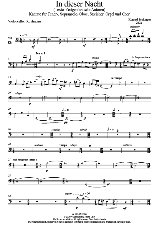 In dieser Nacht Cello + Kontrabass (Sopran Tenor Oboe Streicher Chor + Orgel) (Gemischter Chor Soli Orgel) von Konrad Seckinger (Kantate 2003)