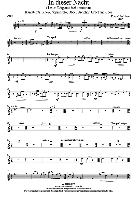 In dieser Nacht Oboe (Sopran Tenor Oboe Streicher Chor + Orgel) (Gemischter Chor Soli Orgel) von Konrad Seckinger (Kantate 2003)