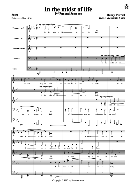 In the midst of Life (Blechbl auml serquintett) (Quintett (Blech Brass)) von Henry Purcell