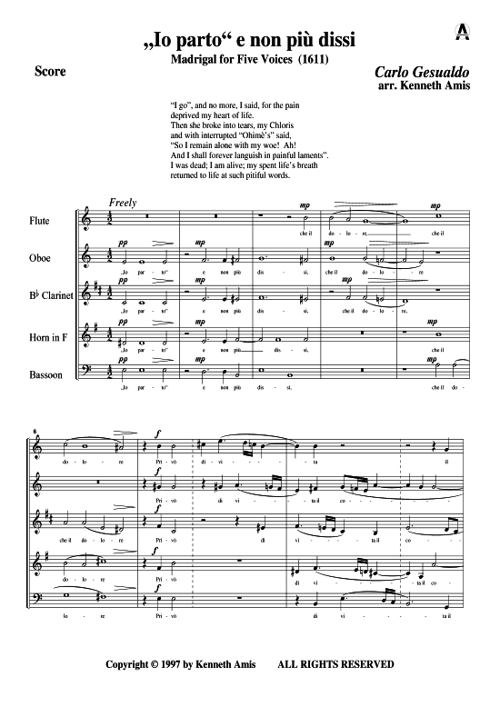 Io parto e non piu dissi (Holzbl auml serquintett) (Quintett (Holzbl ser)) von Carlo Gesualdo (Madrigale 1611)