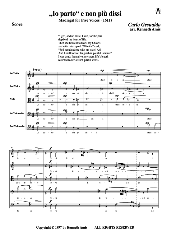 Io parto e non piu dissi (Streichquintett) (Quintett (Streicher)) von Carlo Gesualdo (Madrigale 1611)