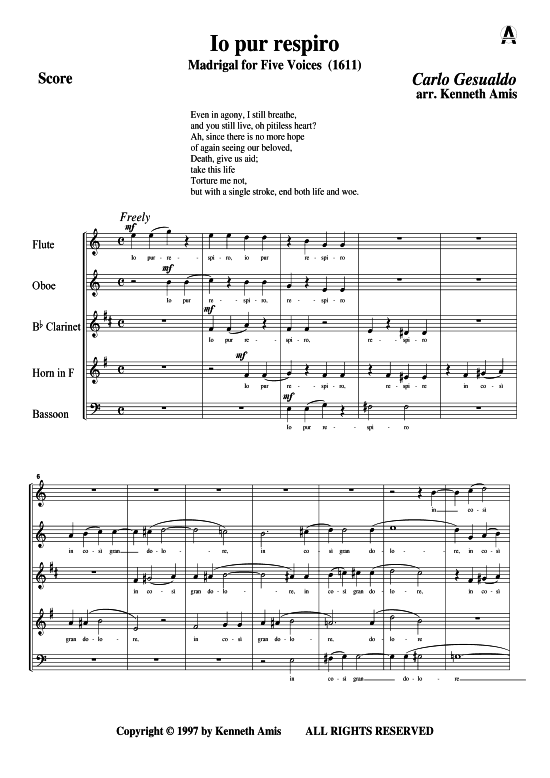Io pur respiro (Holzbl auml serquintett) (Quintett (Holzbl ser)) von Carlo Gesualdo (Madrigale 1611)