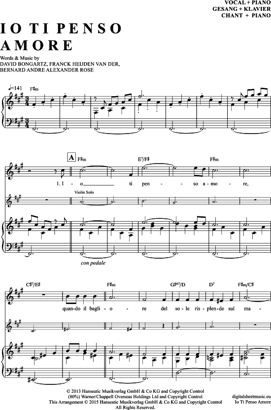 Io Ti Penso Amore (Klavier + Gesang) (Klavier Gesang  Gitarre) von David Garrett