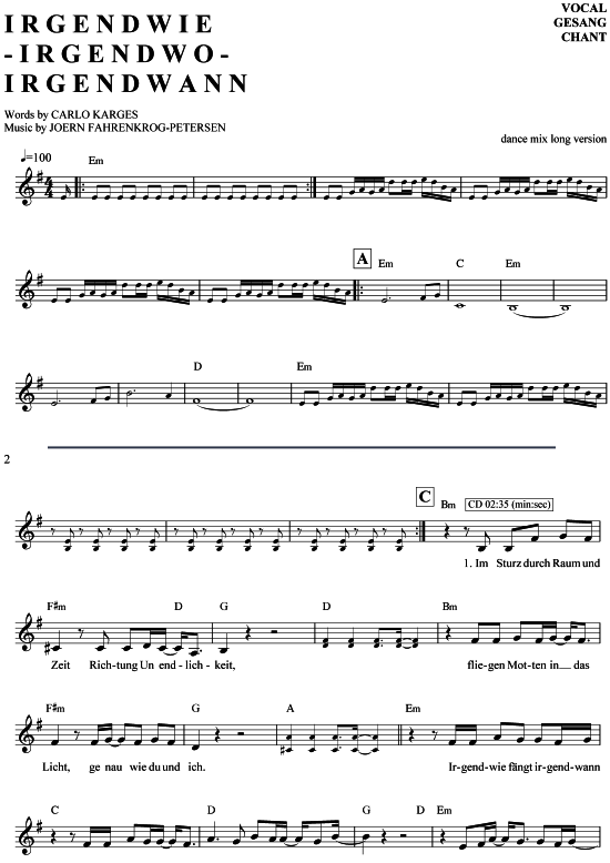 Irgendwie, irgendwo, irgendwann Gesang PDF Noten von Nena in E Moll 7040322