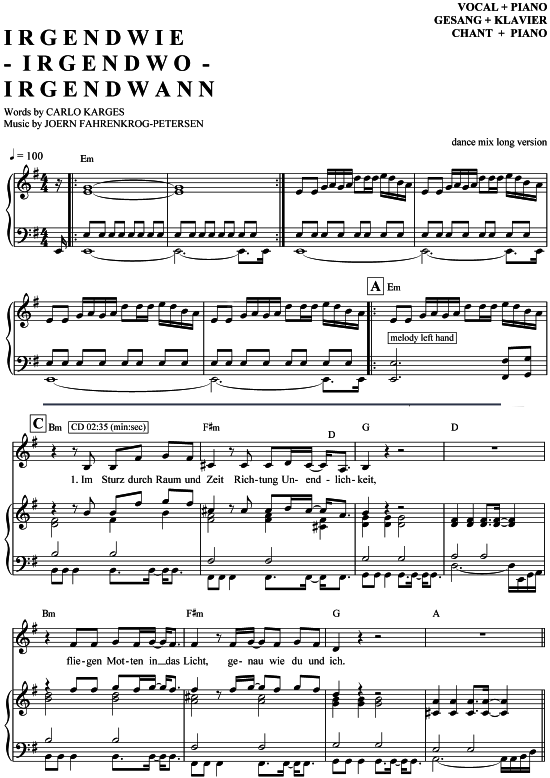 Irgendwie, irgendwo, irgendwann Klavier + Gesang PDF Noten von Nena in E Moll 7070342